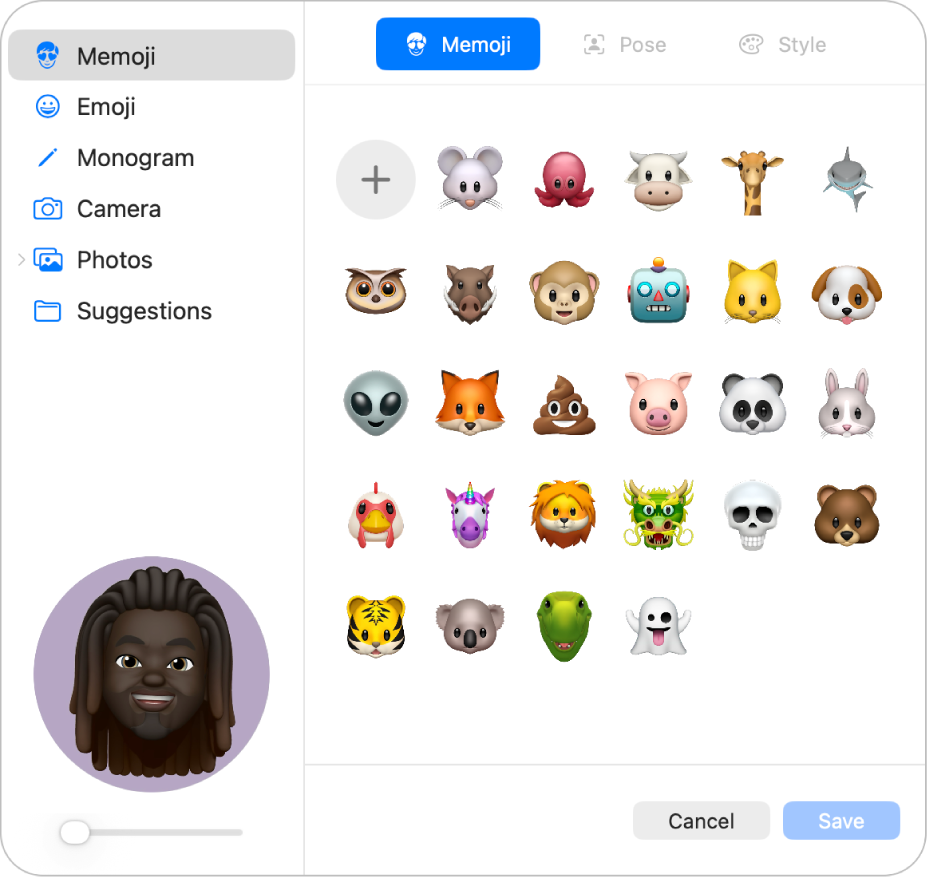 خيارات صورة حساب Apple. توجد قائمة بخيارات الصور في الشريط الجانبي، بما فيها ميموجي ومونوغرام والصور والمزيد. يتم تحديد ميموجي، وتظهر شبكة ميموجي.