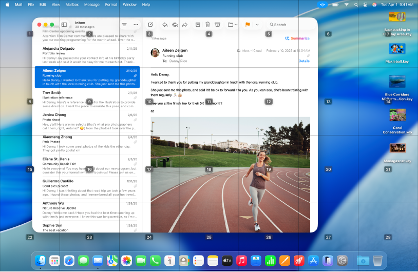 التطبيق البريد مفتوح على سطح مكتب Mac، مع شبكة متراكبة عليه. كل خلية في الشبكة مُسماة برقم.