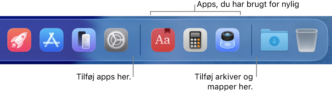 Den højre side af Dock, der viser skillelinjerne før og efter området med de senest brugte apps.