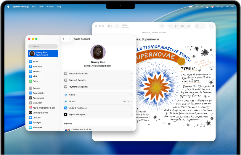 Skrivebordet på en Mac med indstillingerne til Apple-konto vist og et åbent Numbers-dokument bag det.