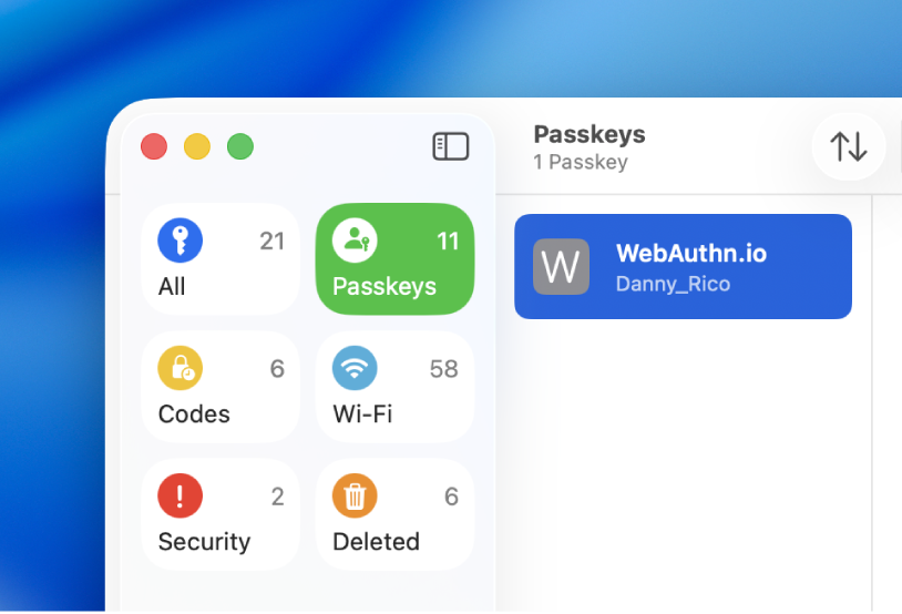 La app Contraseñas mostrando la sección Llaves de acceso.