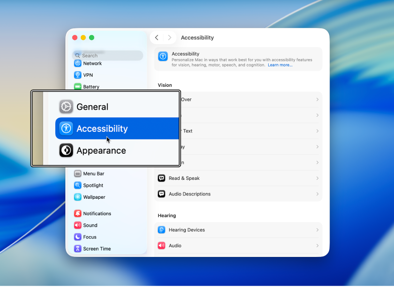 La ventana Configuración está abierta sobre el escritorio. Una sobreposición muestra una parte de la ventana con zoom.