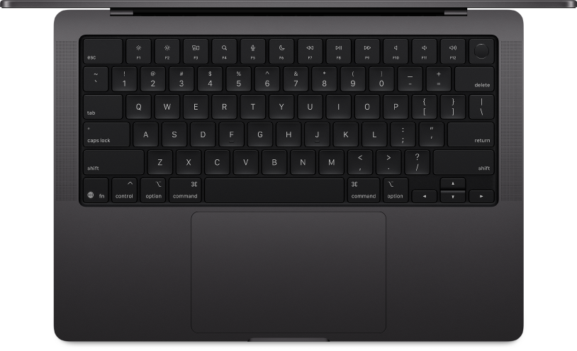Una MacBook Pro con un teclado integrado mostrando las teclas modificadoras que se usan para realizar funciones rápidas de teclado.