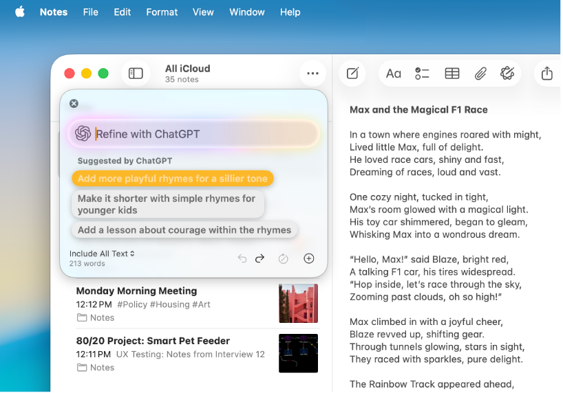 Ventana de la app Notas con un artículo compuesto con las herramientas de escritura y la extensión de inteligencia.