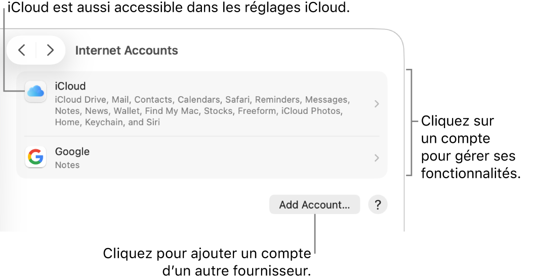 Réglages Comptes Internet affichant les comptes configurés sur le Mac.