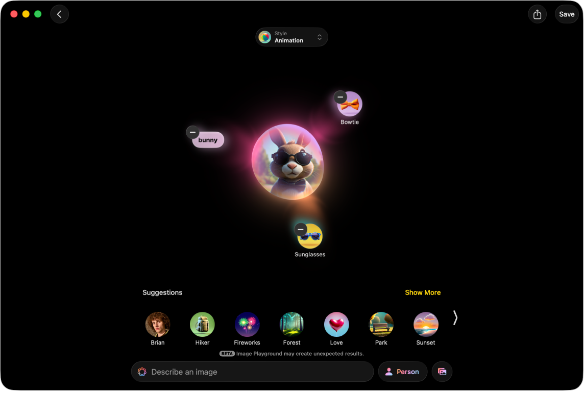 Une fenêtre de l’app Image Playground affichant une image créée d’un lapin portant des lunettes de soleil et un nœud papillon.