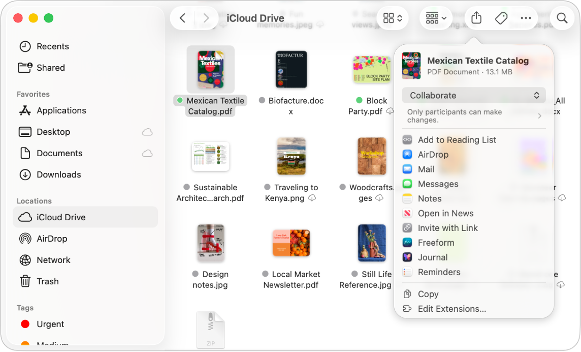 Prozor Findera koji prikazuje datoteke i mape na iCloud Driveu. U skočnom izborniku Dijeli odabrana je Suradnja.