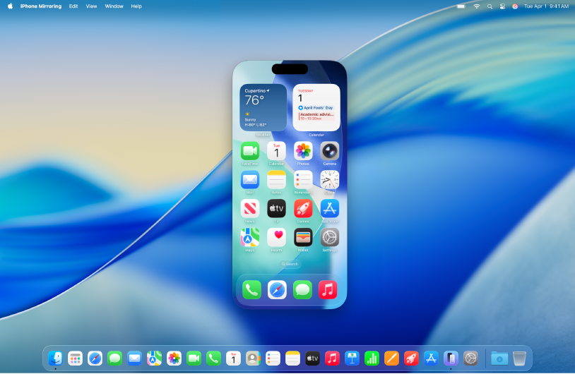 MacコンピュータのデスクトップにiPhoneミラーリングアプリが表示されています。