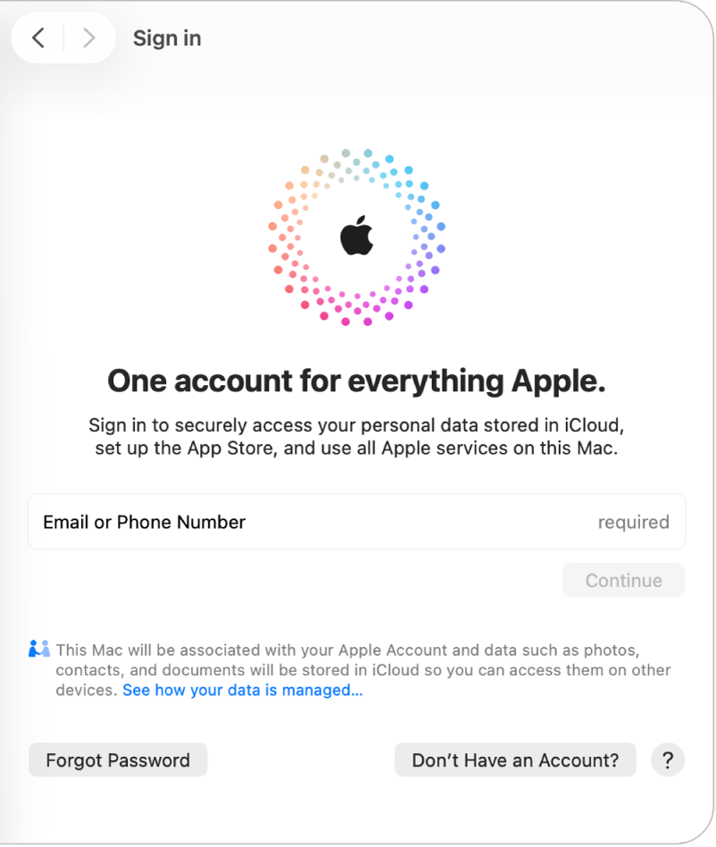 Anak tetingkap daftar masuk Akaun Apple dengan medan teks untuk memasukkan e-mel atau nombor telefon.