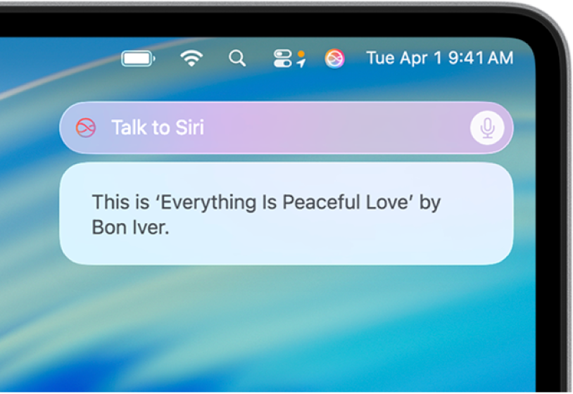 Medan permintaan dan balasan Siri di penjuru kanan atas desktop Mac.