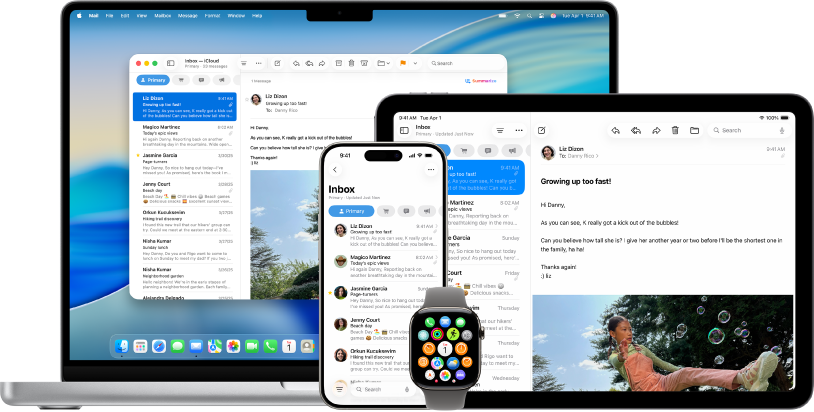 Ta sama zawartość w usłudze iCloud dostępna na różnych urządzeniach.