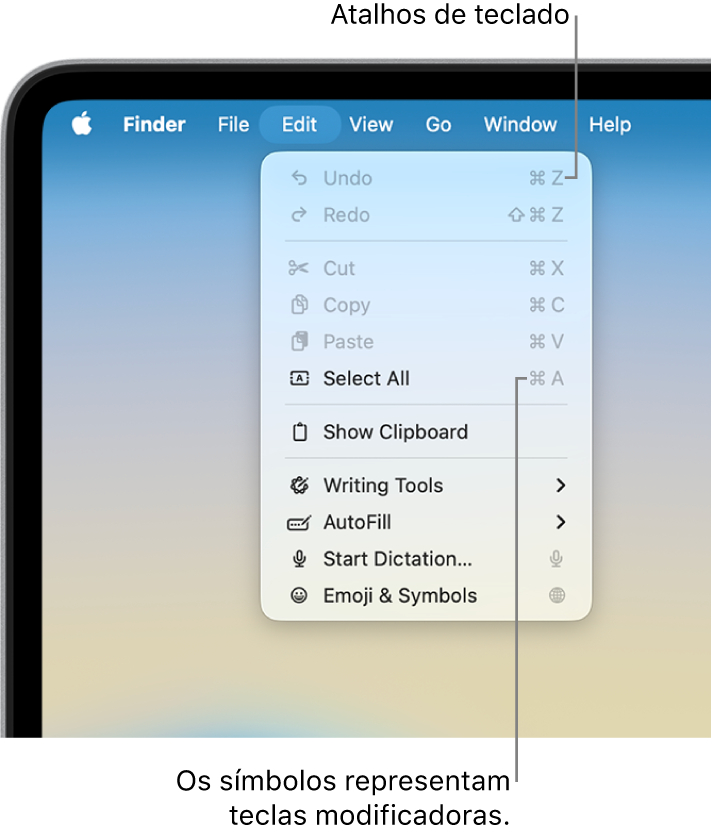 O menu Edição é aberto no Finder; surgem atalhos de teclado junto aos elementos do menu.