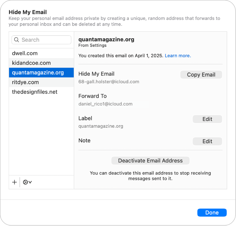 Opțiunile pentru gestionarea adreselor de e‑mail create cu Mascare e‑mail.