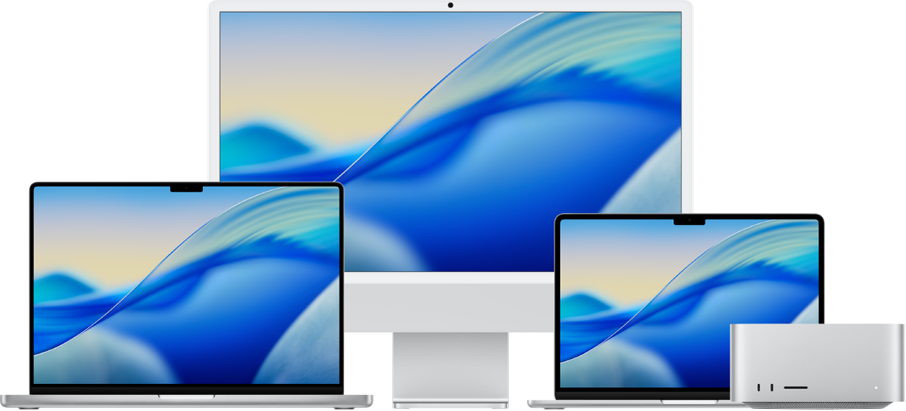 จากซ้ายไปขวามี MacBook Pro, iMac และ MacBook Air ที่มีเดสก์ท็อปในสีต่างๆ Mac Studio อยู่ทางขวาสุด