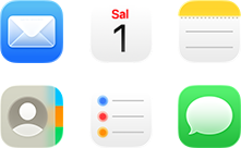 Mail, Takvim, Notlar, Kişiler, Anımsatıcılar ve Mesajlar simgeleri