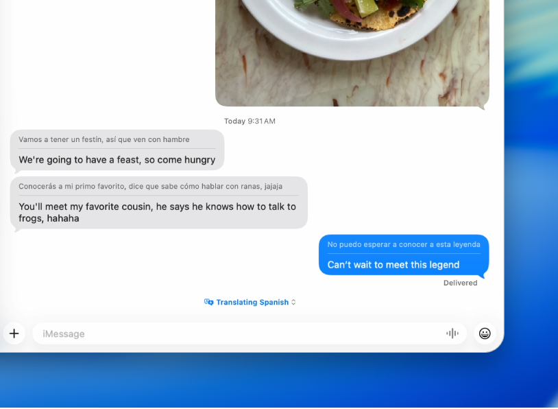 「訊息」App 視窗顯示正在從西班牙文翻譯成英文的訊息。