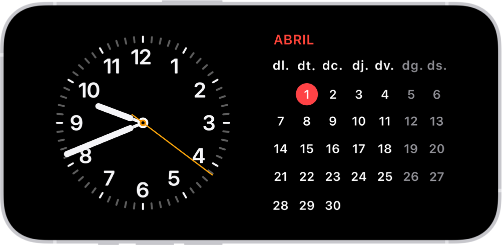 Un iPhone en mode de repòs en un entorn amb poca llum que mostra els ginys del rellotge i del calendari.