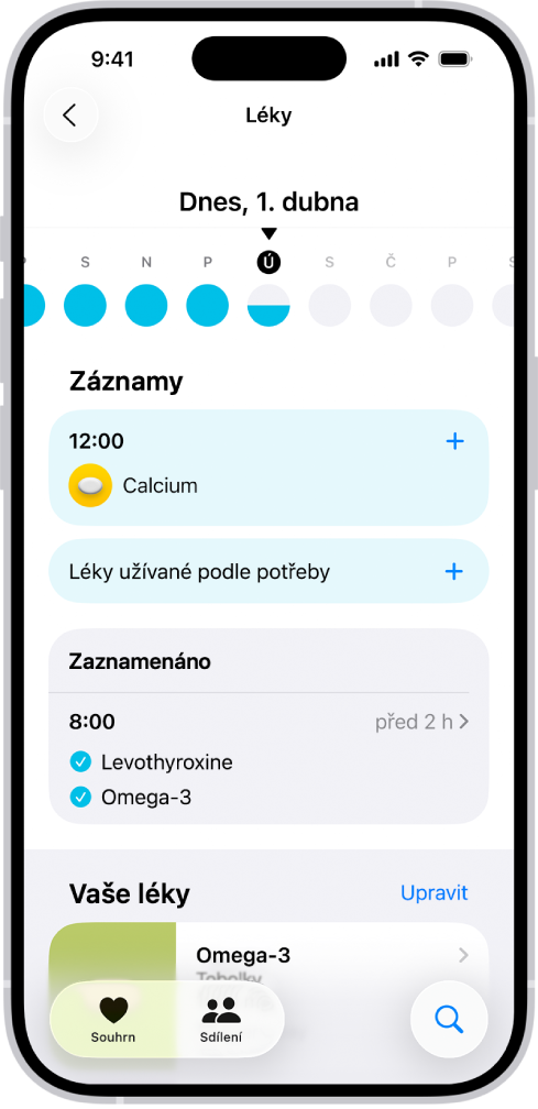 Obrazovka Léky v aplikaci Zdraví s datem a záznamy o užívání léků