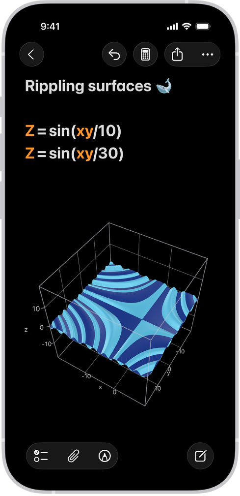 Matematické poznámky v aplikaci Kalkulačka na iPhonu se dvěma protínajícími se 3D grafy v jednom společném prostoru