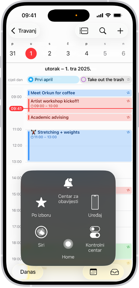 iPhone s vidljivim AssistiveTouch izbornikom koji prikazuje kontrole za Centar za obavijesti, Uređaj, Kontrolni centar, Dom, Geste i Prilagođeno.