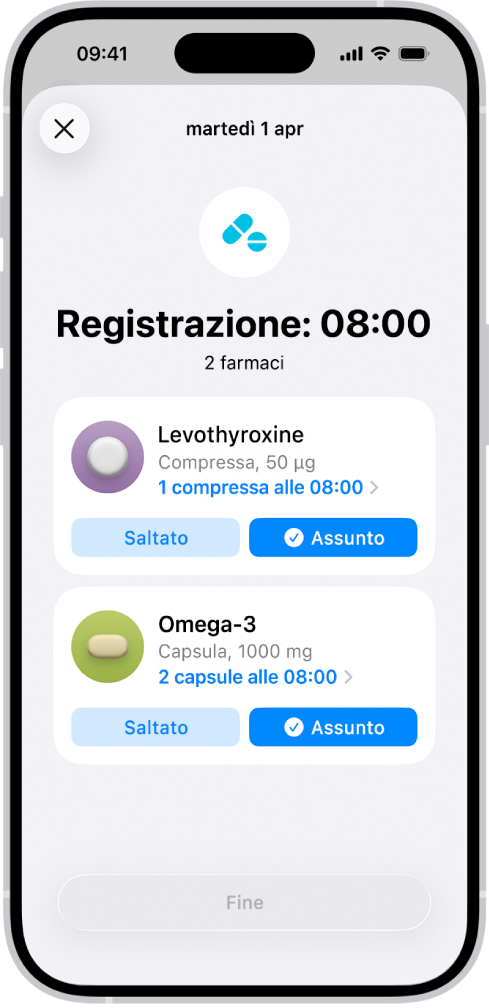 La schermata Farmaci in Salute che mostra una registrazione di farmaci.