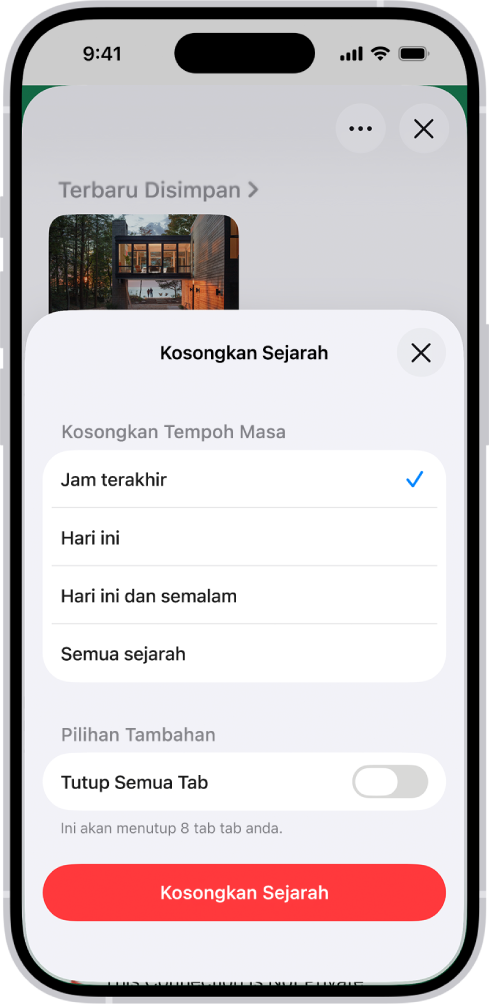 Menu Kosongkan Sejarah. Di bawah Kosongkan Bingkai Waktu, Jam terakhir dipilih. Semua Profil dipilih di bawah Kosongkan Untuk Profil. Butang Kosongkan Sejarah kelihatan di bahagian bawah skrin.