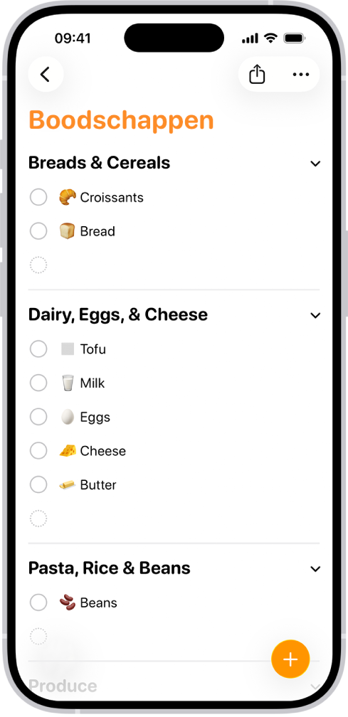 De Herinneringen-app met een boodschappenlijst en onderdelen in categorieën, zoals 'Groenten en fruit' en 'Zeevruchten'.