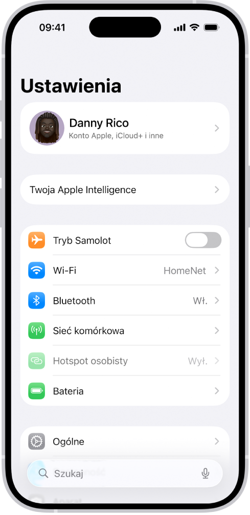 Ekran Ustawień pokazujący, że iPhone jest połączony z Wi‑Fi o nazwie HomeNet.
