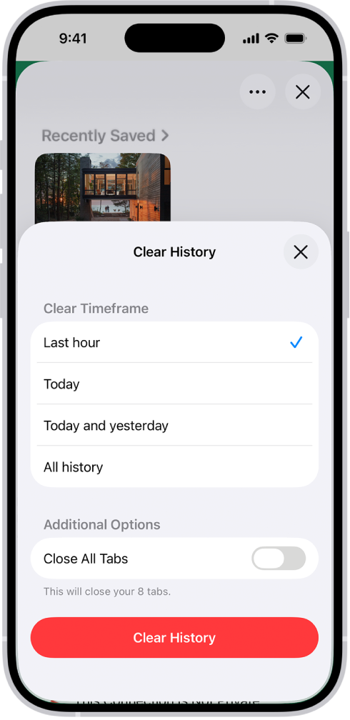 Menyja Clear History. Nën Clear Time Frame, është zgjedhur Last hour. Nën Clear For Profile është zgjedhur All Profiles. Butoni Clear History është në fund të ekranit.