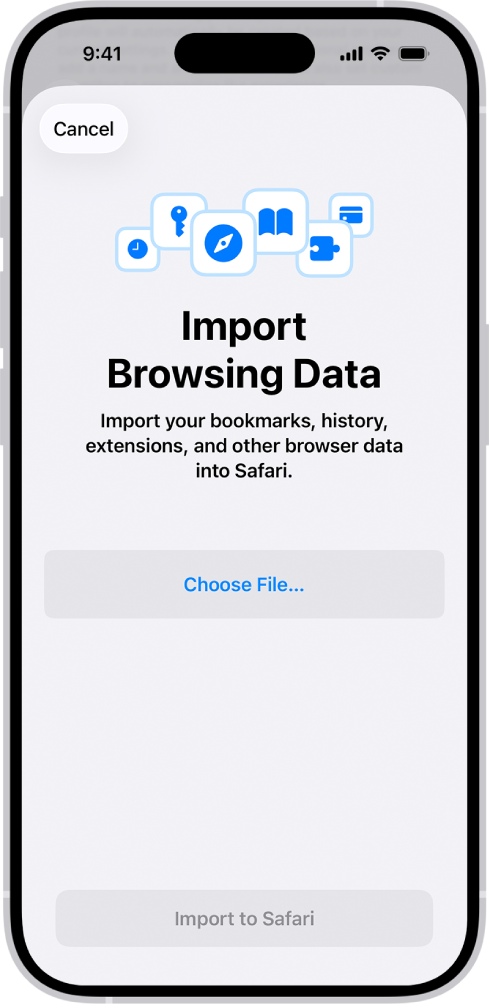 Екран Import Browsing Data са упитом о избору датотеке за увоз.