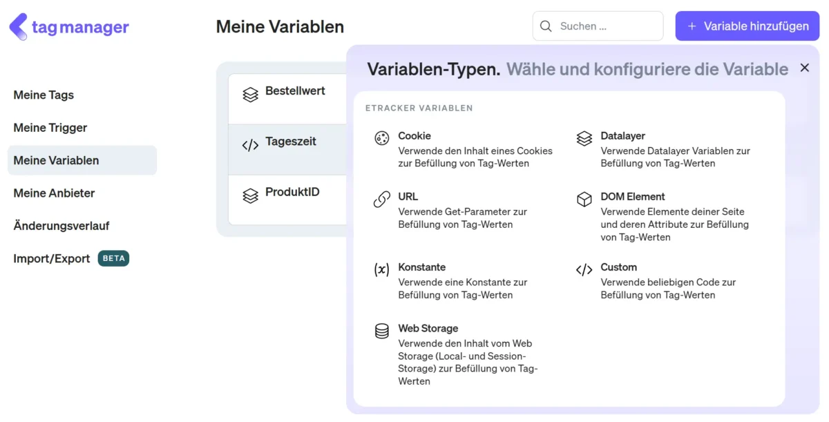 Screenshot Variable im etracker tag manager hinzufügen