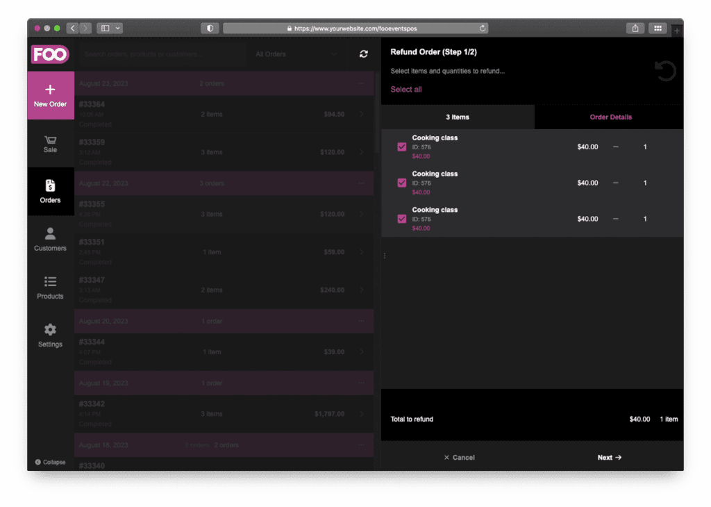 Orders 3 FooEvents POS refund (1/2) screen