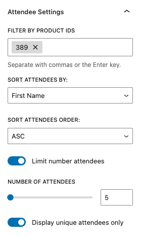 FooEvents Attendee Listing Block 3 FooEvents Attendee Listing block Settings