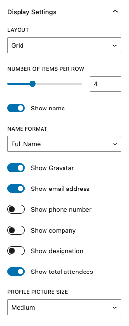 FooEvents Attendee Listing Block 4 FooEvents Attendee Listing block Display Settings