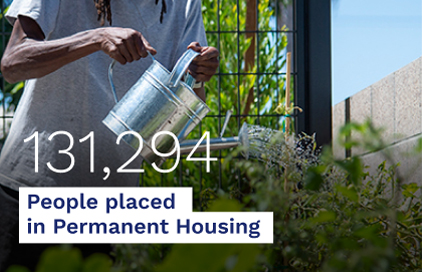 A person waters plants in a community garden, symbolizing growth and stability for those placed in permanent housing.