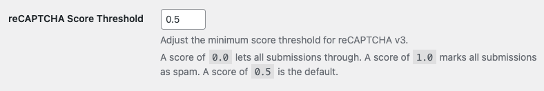 Screenshot of HTML Forms Premium Google reCAPTCHA v3 Score Threshold Feature