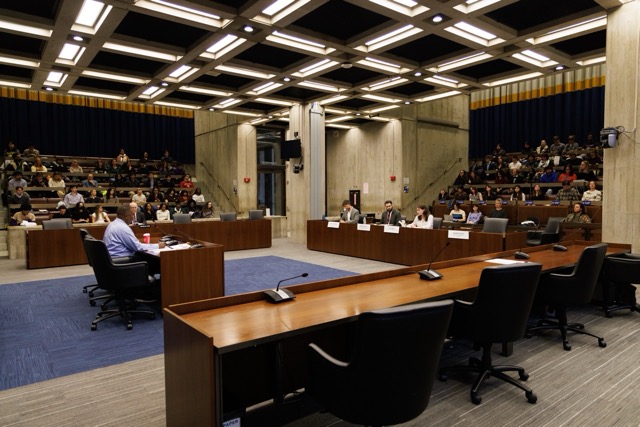 Students, faculty and higher education representatives sit in at the Boston City Council Hearing March 23. The public hearing discussed DEI frustrations, lack of education leadership communication and student representation.