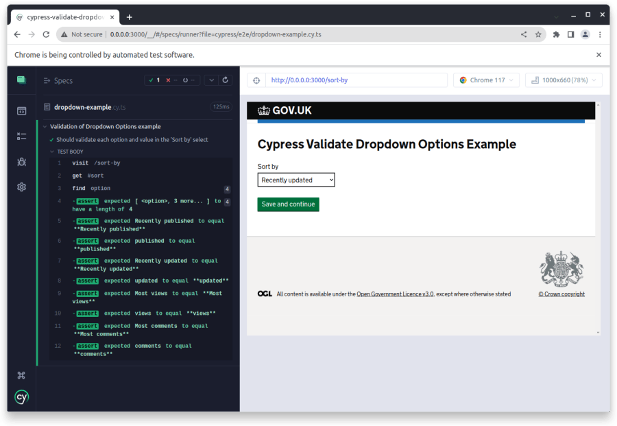 cypress validate dropdown options test example result