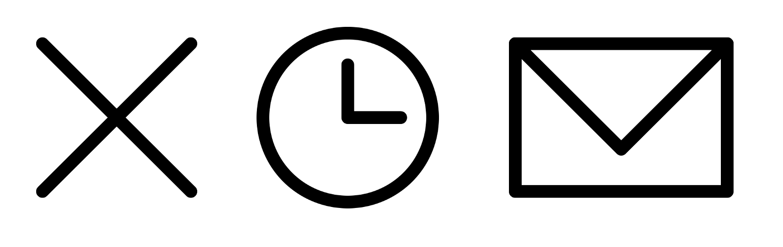 Showing an close icon in the shape of an x, a clock with the hands pointing at 3 o-clock, and a closed envelope.