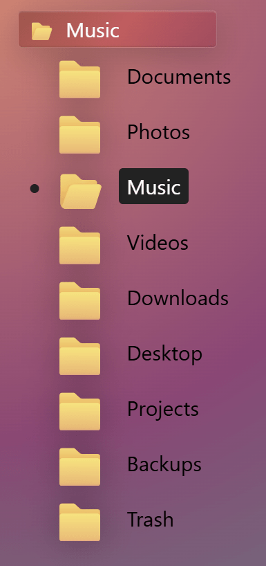 A vertical column of folder icons expanded as options from a select element. Each folder includes a label on the right.