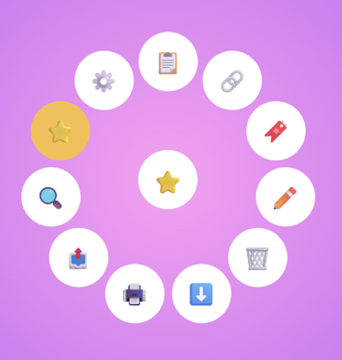 Circular options with icons around another circular item in the center with a star icon.