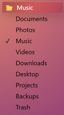 A select element with expanded options formatted as text in a single vertical list. An option called music is selected and represents the top picker button which is styled with a folder icon to the left of the text label.