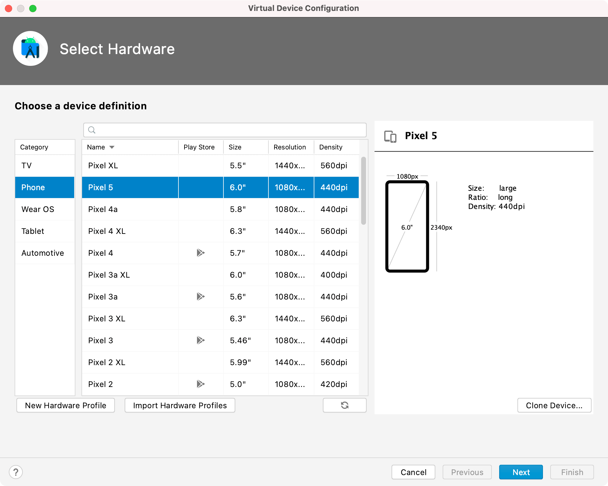 Screenshot of the Virtual Device Configuration setup.