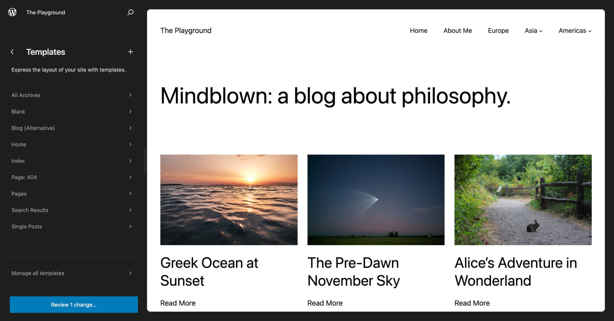 WordPress Templates interface in the Site Editor, which shows the template options on the left and preview panel on the right.
