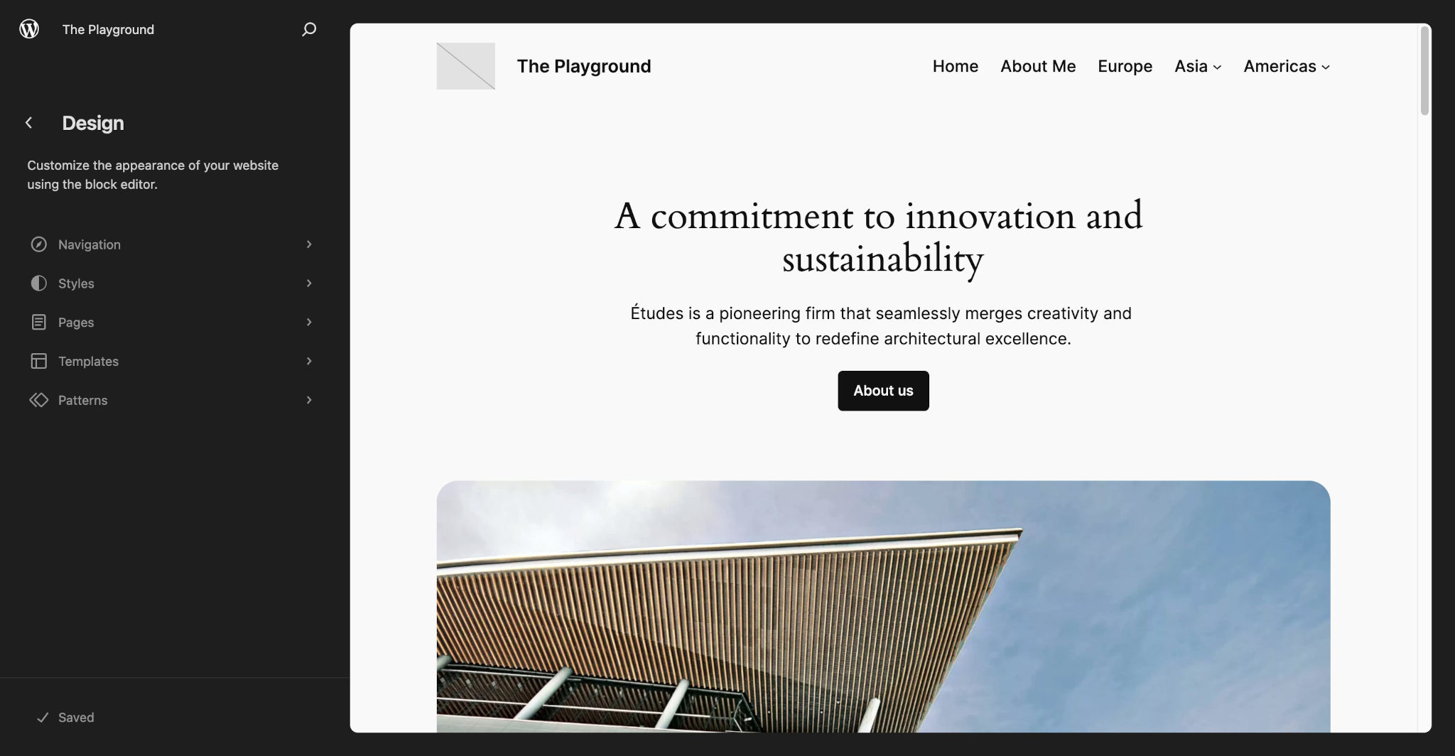 WordPress Site Editor with the Design menu shown in the left panel. In the preview panel is the homepage of the Twenty Twenty-Four theme.