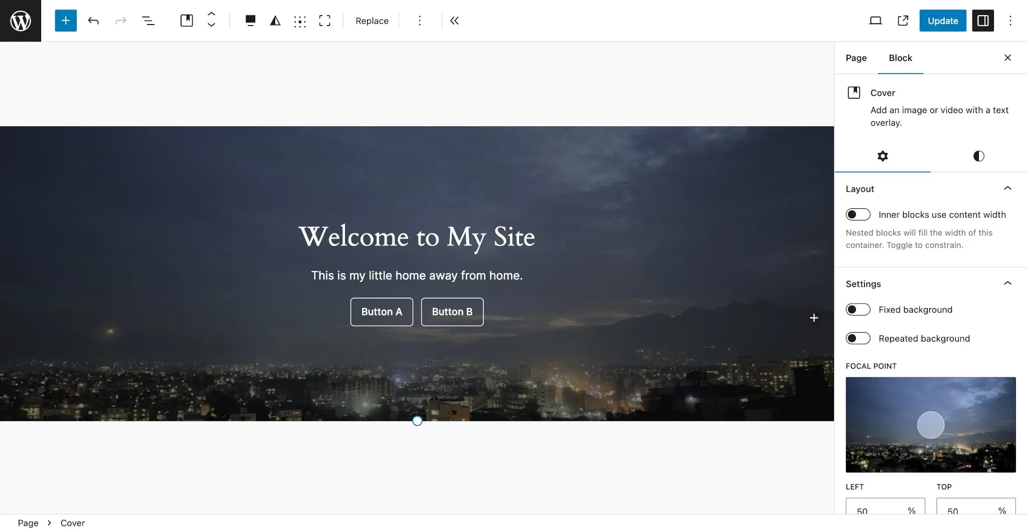 WordPress post editor with a Cover block that has a background image of a nighttime city. There is a welcome message and buttons overlaying the background.
