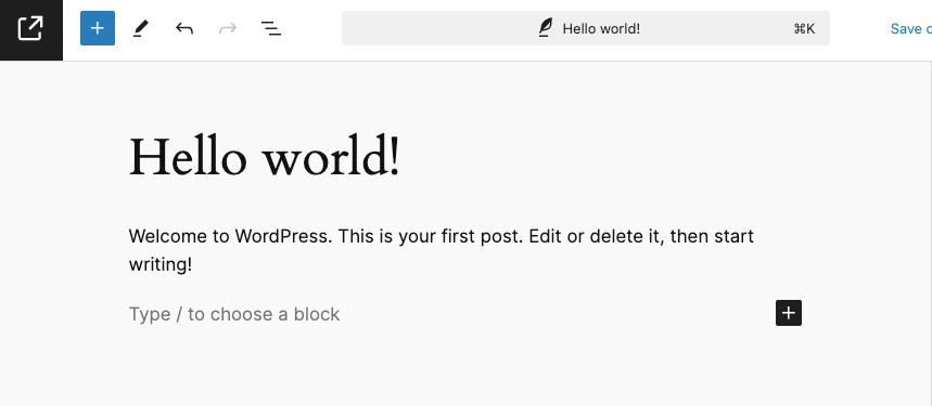 Change the icon in the header to indicate an external link that will take the user to https://wordpress.org when clicked The edit post screen in fullscreen mode displaying an external link icon instead of the default W