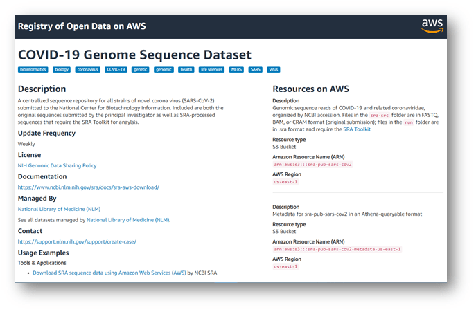 screenshot of COVID-19 genome sequence dataset on Amazon Web Services registry of open data