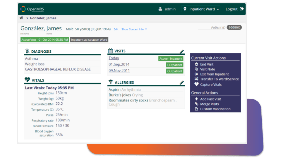 OpenMRS interface displaying patient information for González, James, including diagnosis, vitals, visits, allergies, and current actions.