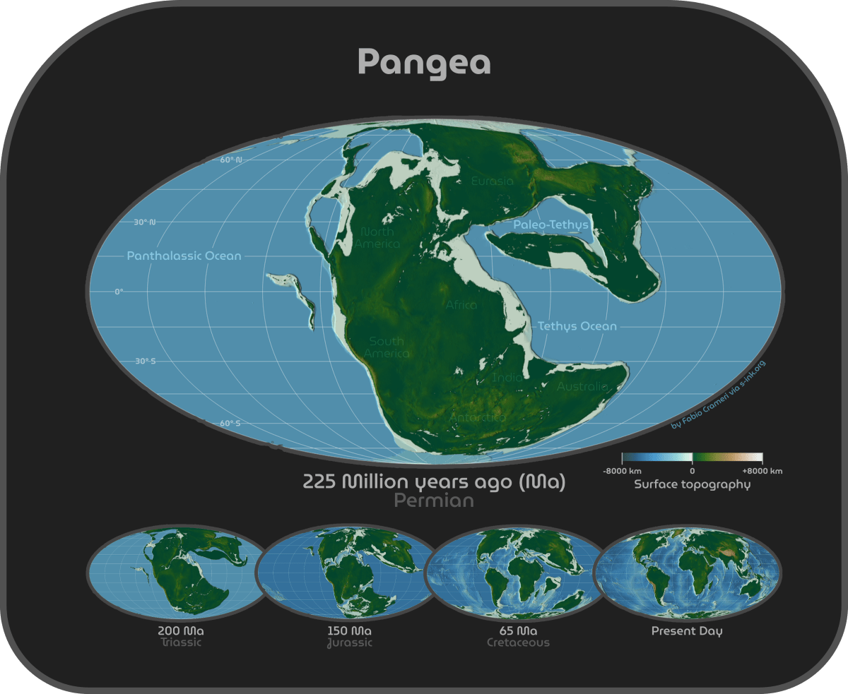 Reconstruction of the supercontinent Pangea (or Pangaea) that existed during the late Paleozoic and early Mesozoic eras. Graphic by Fabio Crameri.